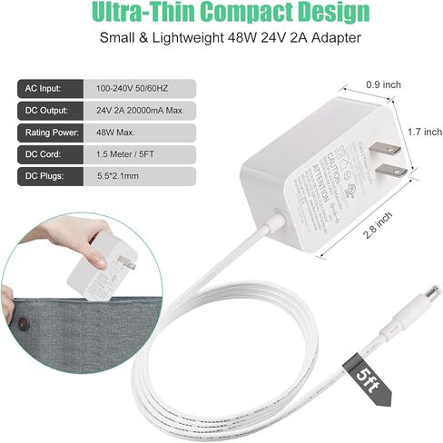 محول إمداد الطاقة 24 فولت تيار مستمر 24 فولت 2 أمبير 48 وات محول مدرج في قائمة UL، محول تيار متردد إلى تيار مستمر 100-240 فولت مدخل تيار متردد مع قابس أمريكي 5.5 × 2.1 مم لشريط LED وكاميرا CCTV وغيرها من الأجهزة ذات الجهد المنخفض in Kuwait