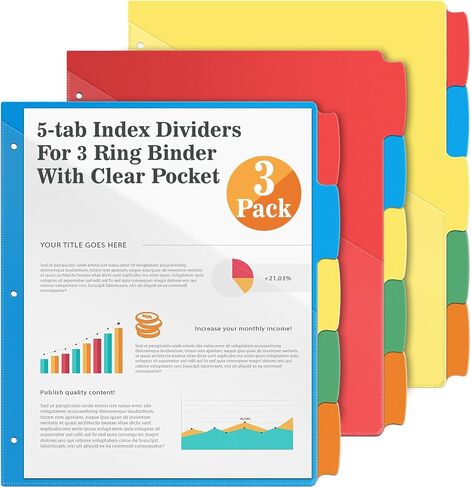 V-Opitos 5-tab Index Dividers with 3 Holes Punched, Set of 3 Plastic Dividers with Clear Front Pocket, Multicolor Dividers for 3 Ring Binders, 15 Pcs Dividers for School & Office Supplies in Saudi Arabia