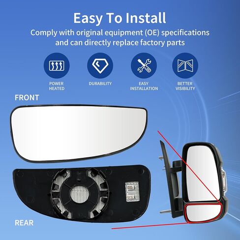 زجاج مرآة علوي مُسخن من جانب الركاب لـ Ram Promaster 1500 2500 3500 لعام 2014-2021، زجاج مرآة سحب مع حامل خلفي لـ CH1321376 in Kuwait