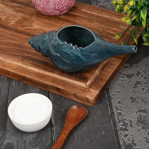 وعاء Neti من السيراميك المتين المقاوم للتسرب، غير معدني وقبضة مريحة | علاج طبيعي مناسب للاستخدام في الميكروويف وغسالة الأطباق لعلاج الجيوب الأنفية والاحتقان، تصميم جذاب (أزرق داكن) in Kuwait