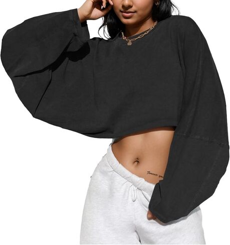 LovelyWholesale Women Long Sleeve Cropped Sweatshirt Oversized Crew Neck Workout Tops in Saudi Arabia