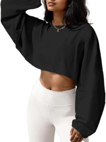 LovelyWholesale Women Long Sleeve Cropped Sweatshirt Oversized Crew Neck Workout Tops in Saudi Arabia