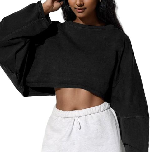 LovelyWholesale Women Long Sleeve Cropped Sweatshirt Oversized Crew Neck Workout Tops in Saudi Arabia