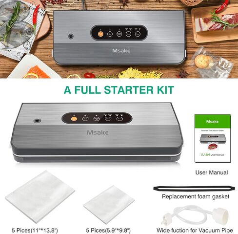 Vacuum Sealer Machine - MSAKE SJ-209 Food Savers for Food Preservation - Full Starter Kit | 4 Food Modes | Led Indicator Lights Panel | Separated and Stainless Design for Easy Clean | Compact Design in Saudi Arabia