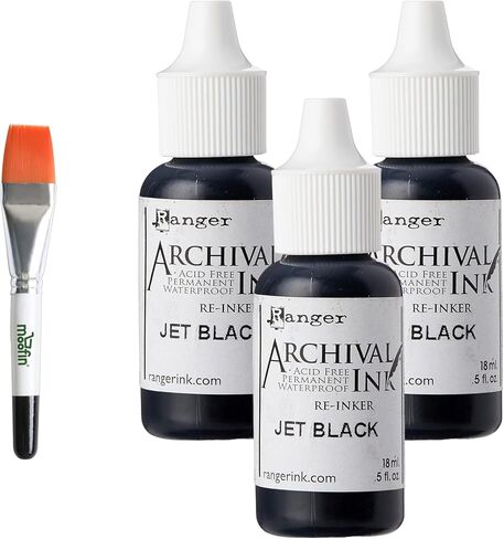 Ranger Archival Ink Pad, Black, 0.8 Oz - Versatile, Waterproof & Quick-Drying for Artists, Crafters, Ink Stamps Pads, Compatible with Various Surfaces, Moofin Watercolor Paint Brush [Pack of 3] in Saudi Arabia