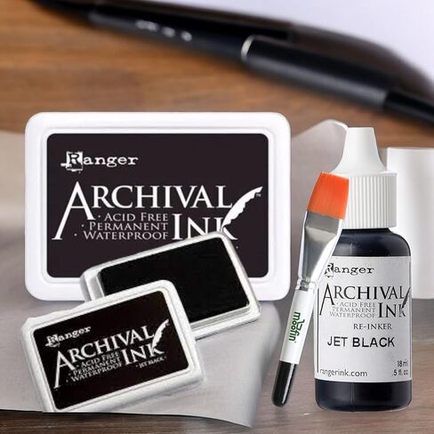 Ranger Archival Ink Pad, Black, 0.8 Oz - Versatile, Waterproof & Quick-Drying for Artists, Crafters, Ink Stamps Pads, Compatible with Various Surfaces, Moofin Watercolor Paint Brush [Pack of 3] in Saudi Arabia