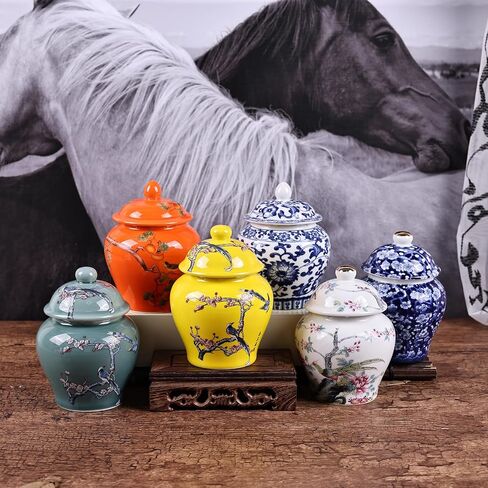 طقم برطمان زنجبيل صغير باللونين الأزرق والأبيض مكون من قطعتين - برطمانات تخزين مزخرفة صينية تقليدية برموز ميمونة (مجموعة صغيرة E) in Kuwait