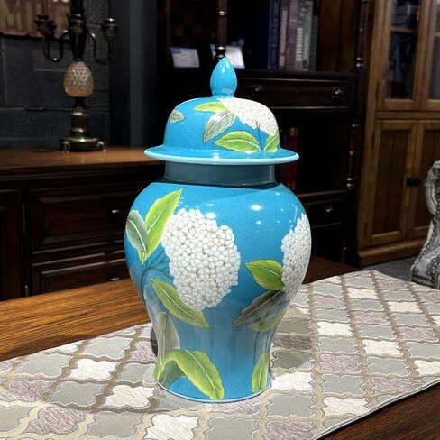 Ginger Jar with Lid Hand Drawn Ceramic Ginger Jar with Lid Floral Pattern Decorative Jar for Home Office Table Living Room Bedroom Bluish Green in Saudi Arabia