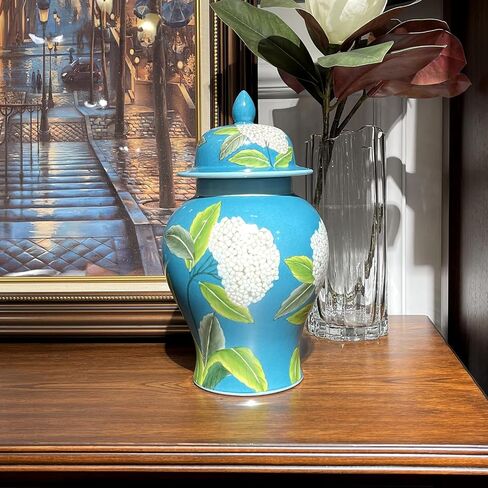 Ginger Jar with Lid Hand Drawn Ceramic Ginger Jar with Lid Floral Pattern Decorative Jar for Home Office Table Living Room Bedroom Bluish Green in Saudi Arabia