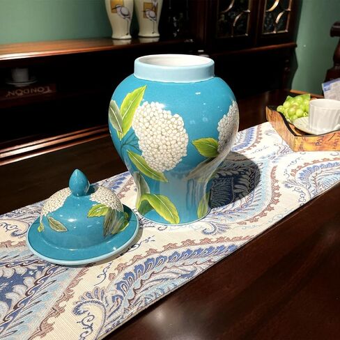 Ginger Jar with Lid Hand Drawn Ceramic Ginger Jar with Lid Floral Pattern Decorative Jar for Home Office Table Living Room Bedroom Bluish Green in Saudi Arabia