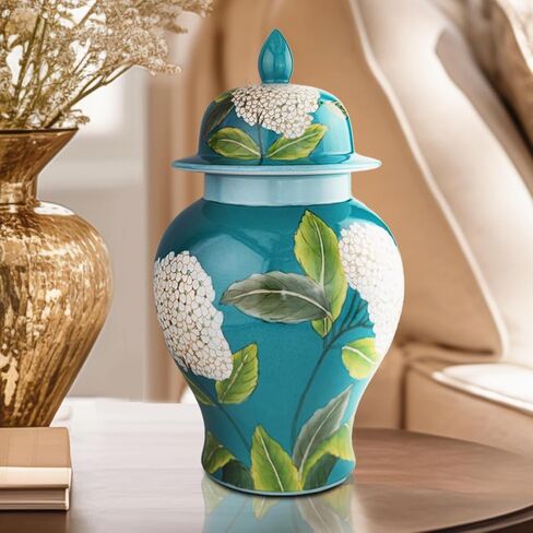 Ginger Jar with Lid Hand Drawn Ceramic Ginger Jar with Lid Floral Pattern Decorative Jar for Home Office Table Living Room Bedroom Bluish Green in Saudi Arabia
