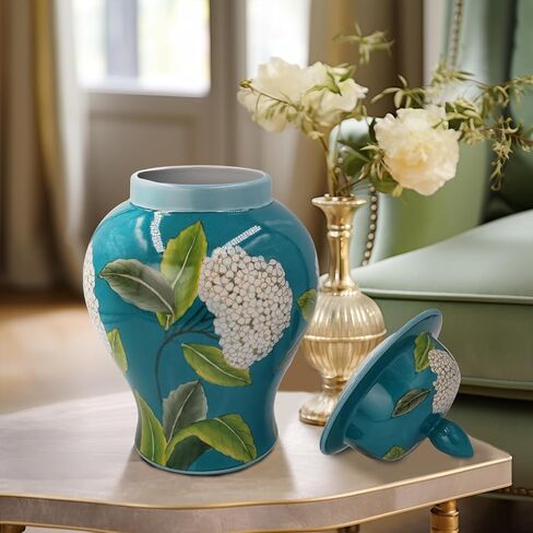 Ginger Jar with Lid Hand Drawn Ceramic Ginger Jar with Lid Floral Pattern Decorative Jar for Home Office Table Living Room Bedroom Bluish Green in Saudi Arabia