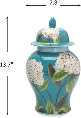 Ginger Jar with Lid Hand Drawn Ceramic Ginger Jar with Lid Floral Pattern Decorative Jar for Home Office Table Living Room Bedroom Bluish Green in Saudi Arabia