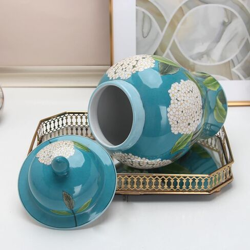 Ginger Jar with Lid Hand Drawn Ceramic Ginger Jar with Lid Floral Pattern Decorative Jar for Home Office Table Living Room Bedroom Bluish Green in Saudi Arabia