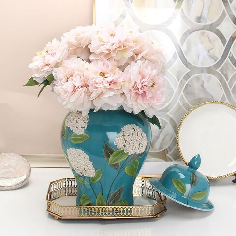 Ginger Jar with Lid Hand Drawn Ceramic Ginger Jar with Lid Floral Pattern Decorative Jar for Home Office Table Living Room Bedroom Bluish Green in Saudi Arabia