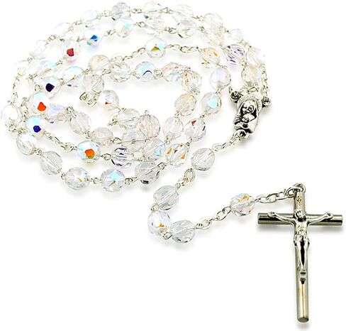 Catholic Rosary with Crystal Glass Beads | Great Religious Gift for First Holy Communion, Confirmation, and Weddings | Marian Devotional | Made in Italy in Saudi Arabia