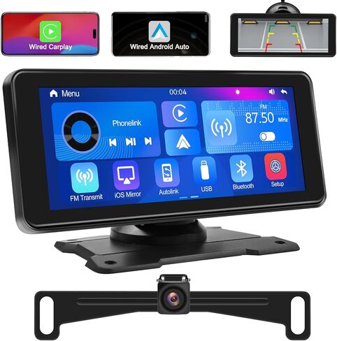 كاميرا احتياطية مع شاشة لمس 6.86 بوصة، شاشة محمولة لوسائط السيارة، تشغيل سلكي للسيارة وAndroid Auto، مقاومة للماء، لوحة ترخيص احتياطية للرؤية الخلفية، طقم كاميرا عكسية، للسيارات والشاحنات وسيارات الدفع الرباعي in Kuwait