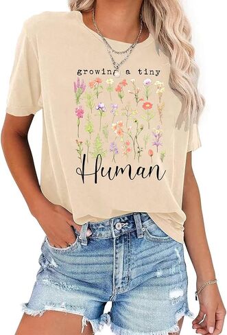 LAZYCHILD Pregnancy Announcement Shirt Women Growing Tiny Human Tshirt Floral Maternity Reveal Tee Pregnancy Tops in Saudi Arabia