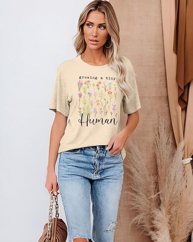 LAZYCHILD Pregnancy Announcement Shirt Women Growing Tiny Human Tshirt Floral Maternity Reveal Tee Pregnancy Tops in Saudi Arabia