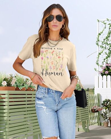 LAZYCHILD Pregnancy Announcement Shirt Women Growing Tiny Human Tshirt Floral Maternity Reveal Tee Pregnancy Tops in Saudi Arabia