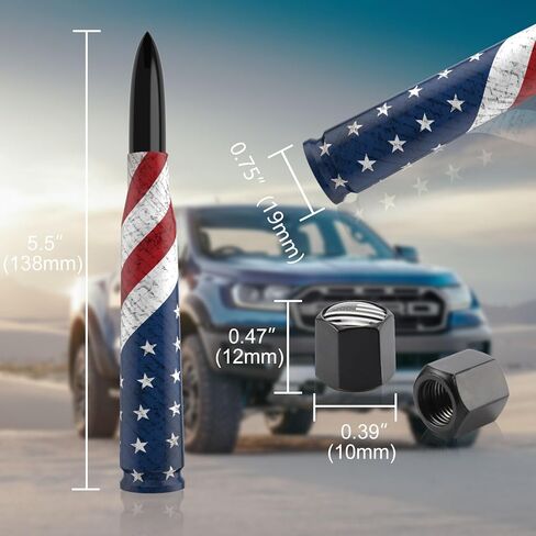 العلم الأمريكي 50 كال رصاصة هوائي لفورد F150 F250 F350 سوبر ديوتي فورد رابتور برونكو تشيفي سيلفرادو دودج رام 1500 شاحنة استبدال هوائي قصير، اكسسوارات السيارات مع قبعات الجذعية صمام، أسود in Kuwait