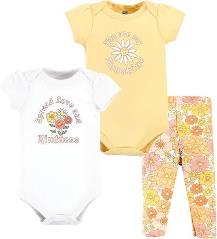 Hudson Baby unisex-baby Unisex Baby Cotton Bodysuit and Pant Set, Peace Love Flowers, 0-3 Months in Kuwait