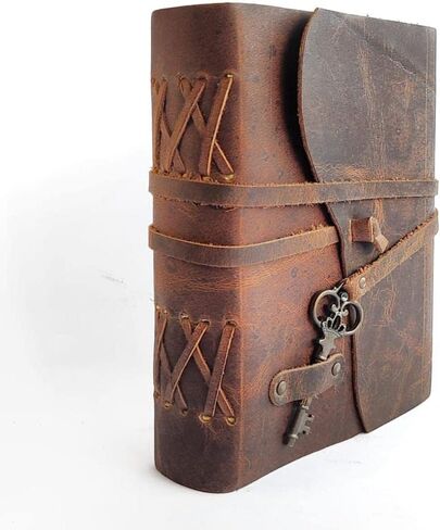 Antique Handmade Leather Journal with Handmade deckle edge Paper, Vintage Key Closure, Leather Bound Journal - Book of Shadows in Saudi Arabia