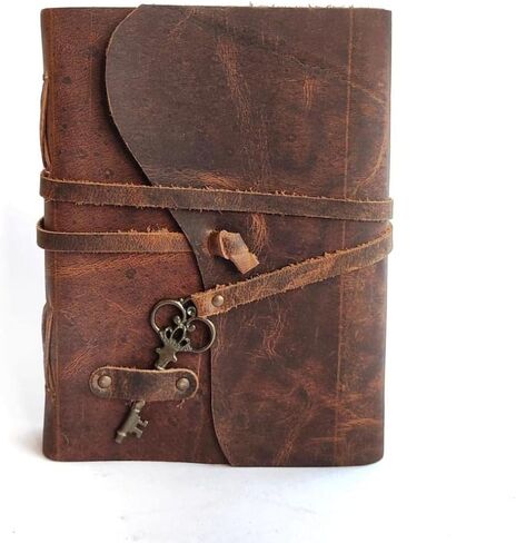Antique Handmade Leather Journal with Handmade deckle edge Paper, Vintage Key Closure, Leather Bound Journal - Book of Shadows in Saudi Arabia