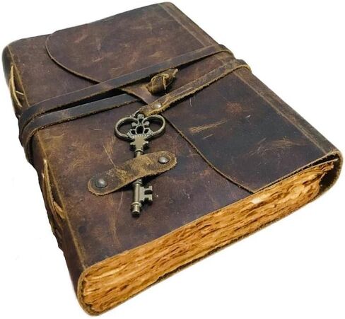 Antique Handmade Leather Journal with Handmade deckle edge Paper, Vintage Key Closure, Leather Bound Journal - Book of Shadows in Saudi Arabia