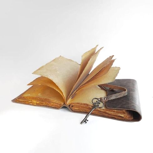 Antique Handmade Leather Journal with Handmade deckle edge Paper, Vintage Key Closure, Leather Bound Journal - Book of Shadows in Saudi Arabia