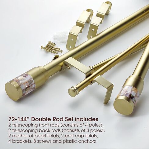 1-1/8 Inch Diameter Gold Curtain Rods with Mother of Pearl Finial, 72-144 inch Telescoping Double Curtain Rods for window width 68-140 inch, 1 pack in Saudi Arabia