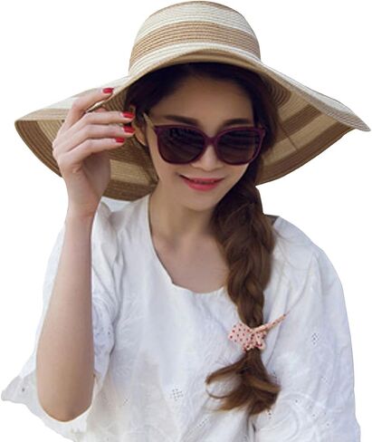 Women Stripe Straw Hat Wide Brim Sun Hat Foldable Summer Beach Caps Gift for Mom Wife Girlfriend in Saudi Arabia