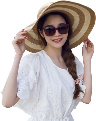 Women Stripe Straw Hat Wide Brim Sun Hat Foldable Summer Beach Caps Gift for Mom Wife Girlfriend in Saudi Arabia