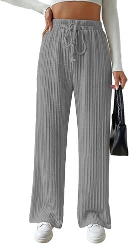 Knit Pants for Women, Ribbed Pants, Wide Leg Lounge Pants for Women, Elastic Waist Straight Leg Sweatpants in Kuwait