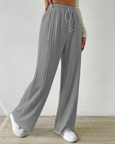 Knit Pants for Women, Ribbed Pants, Wide Leg Lounge Pants for Women, Elastic Waist Straight Leg Sweatpants in Kuwait