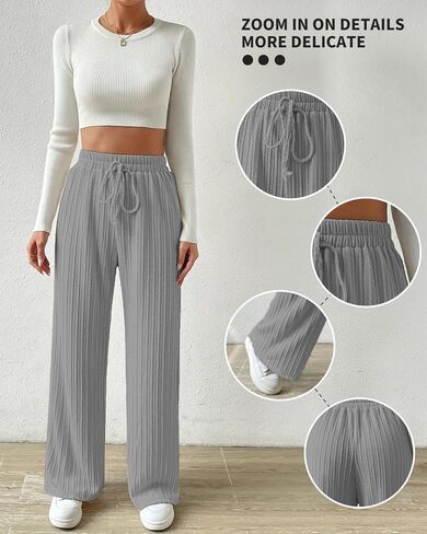 Knit Pants for Women, Ribbed Pants, Wide Leg Lounge Pants for Women, Elastic Waist Straight Leg Sweatpants in Kuwait