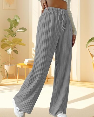 Knit Pants for Women, Ribbed Pants, Wide Leg Lounge Pants for Women, Elastic Waist Straight Leg Sweatpants in Kuwait