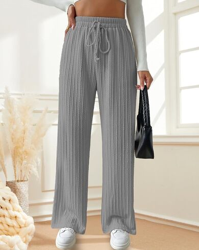Knit Pants for Women, Ribbed Pants, Wide Leg Lounge Pants for Women, Elastic Waist Straight Leg Sweatpants in Kuwait