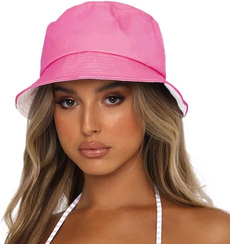 قبعة دلو Sydbecs للنساء والرجال، قبعة شاطئ صيفية من القطن ذات وجهين، نمط بلون سادة (B وردي فاقع/أبيض قابل للعكس) in Kuwait