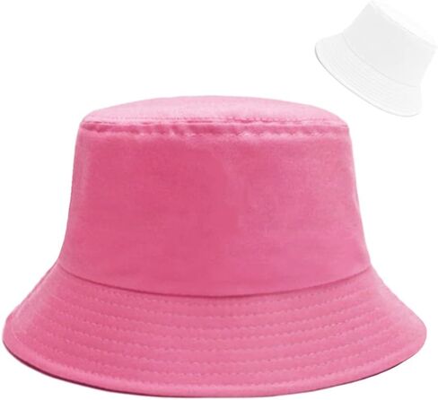 قبعة دلو Sydbecs للنساء والرجال، قبعة شاطئ صيفية من القطن ذات وجهين، نمط بلون سادة (B وردي فاقع/أبيض قابل للعكس) in Kuwait