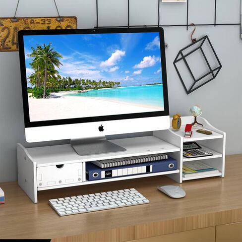 حامل شاشة، حامل شاشة، حامل شاشة مع درج، حامل شاشة بطبقتين للمكتب مع رف تخزين من 3 طبقات، حامل شاشة كمبيوتر وحامل كمبيوتر محمول للمكتب والكمبيوتر الشخصي والطابعة in Kuwait