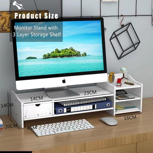 حامل شاشة، حامل شاشة، حامل شاشة مع درج، حامل شاشة بطبقتين للمكتب مع رف تخزين من 3 طبقات، حامل شاشة كمبيوتر وحامل كمبيوتر محمول للمكتب والكمبيوتر الشخصي والطابعة in Kuwait