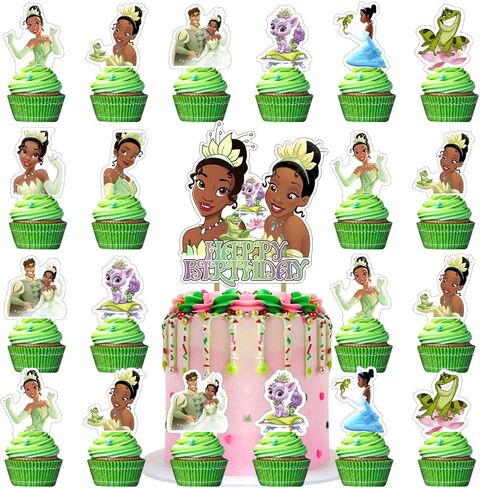 25Pcs Princess and the Frog Cake Decorations with 24pcs Cupcake Toppers, 1pcs Cake Topper for Princess Tiana Birthday Party Supplies in Saudi Arabia