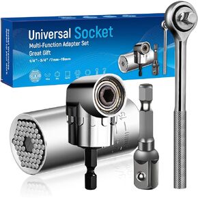 Universal Socket Tool, Ratchet Wrench with 1/4"-3/4" (7mm-19mm) 105 Degree Right Angle Drill Attachment 4Pc Set for Daily Maintenance, Home Renovations Remodels