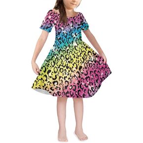 Girl's Short Sleeve Fashion Print A-Line Casual Dress for School Party Holiday 4-14 Years