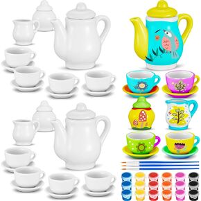 45 Pcs Spring Paint Your Own Tea Kit Craft DIY Tea Kit for Kids Ages 8+ Mini Ceramic Tea Cups to Paint Including Porcelain Dishes Brush for Party Girls Boys SetStylish Style
