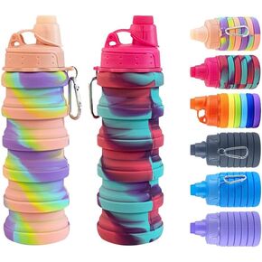 Collapsible Water Bottles 2 pack Travel Water Bottle Portable Hiking Water Bottle with Leak proof 500ML Reusable BPA Free Silicone Water Bottles. (Blue Camouflage +Pink)