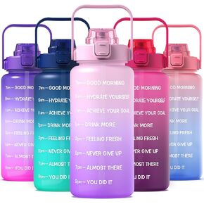 زجاجة مياه بنصف جالون/64 أونصة مع علامة زمنية وقش، زجاجة مياه تحفيزية بمقبض، إبريق ماء تريتان مقاوم للتسرب وخالي من البيسفينول A للصالة الرياضية، والخارج، واللياقة البدنية (أومبير أخضر وردي، 64 أونصة) in Kuwait