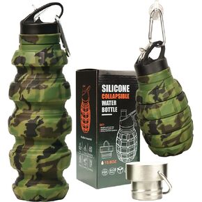 Collapsible Water Bottle 19.6 oz Leak Proof - 2 Lids, Carabiner, Gift Box - Reusable Silicone Water Bottle Men for Dad Birthday Gift - Foldable Travel Water Bottle for Gym & Sport - Green Accessories