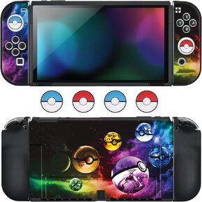 DLseego Cartoon Monster Switch OLED Protective Case Cool Soft TPU Shell Shockproof Scratch Resistant Cover Joy Con Japanese Amine Skin with 4PCS Blue and Red Balls Thumb Grips Caps for Switch 2021